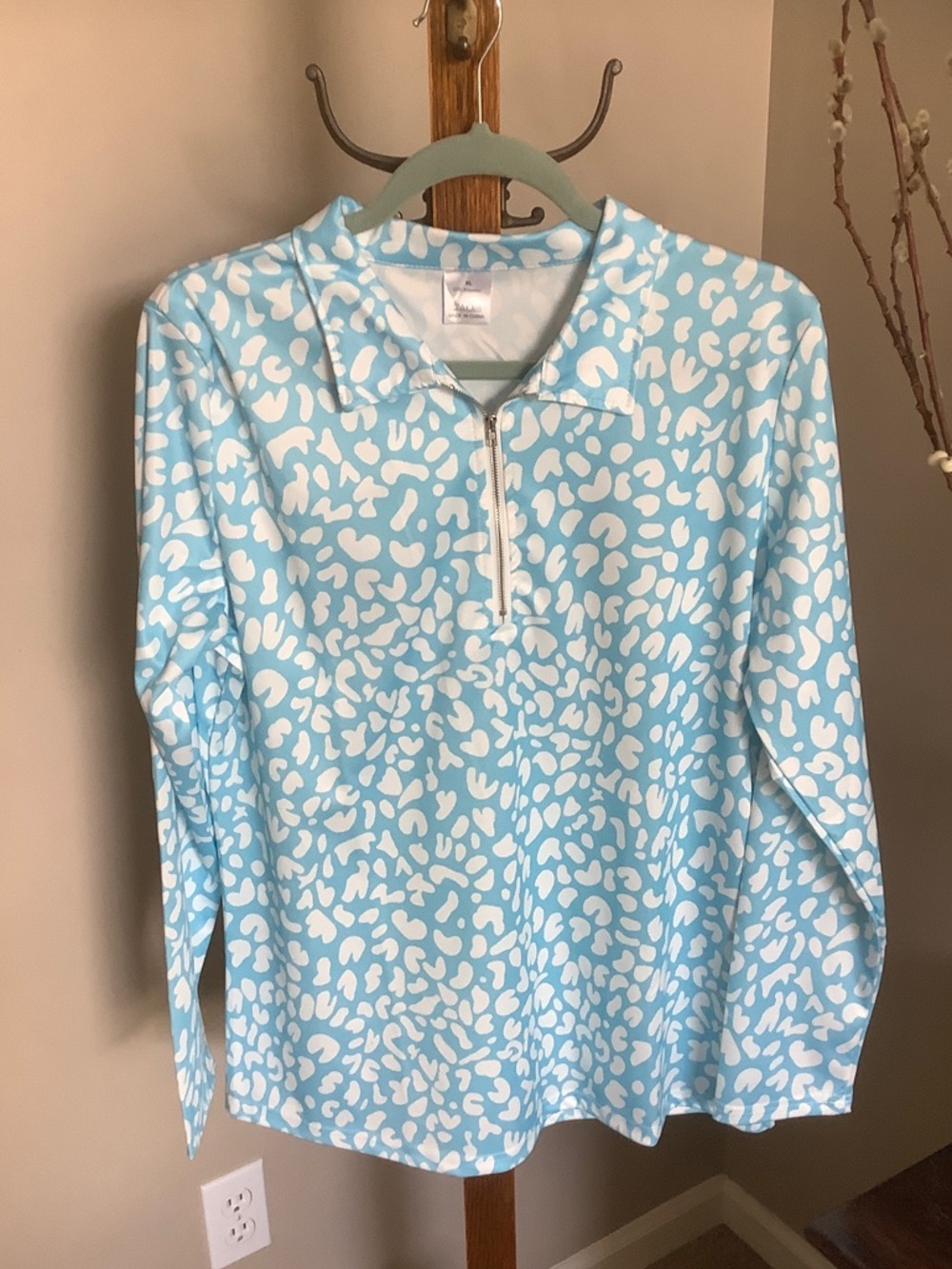 Light Blue & White Animal Print Half-Zip Pullover